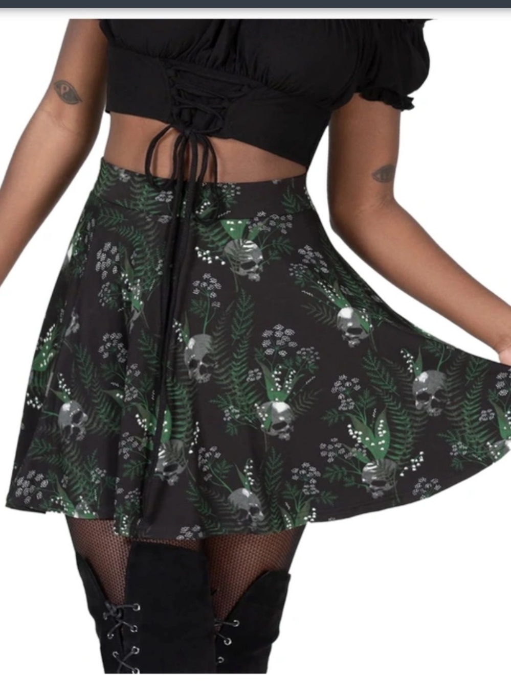 Killstar Black & Green Gothic Skull Fern Skater Skirt